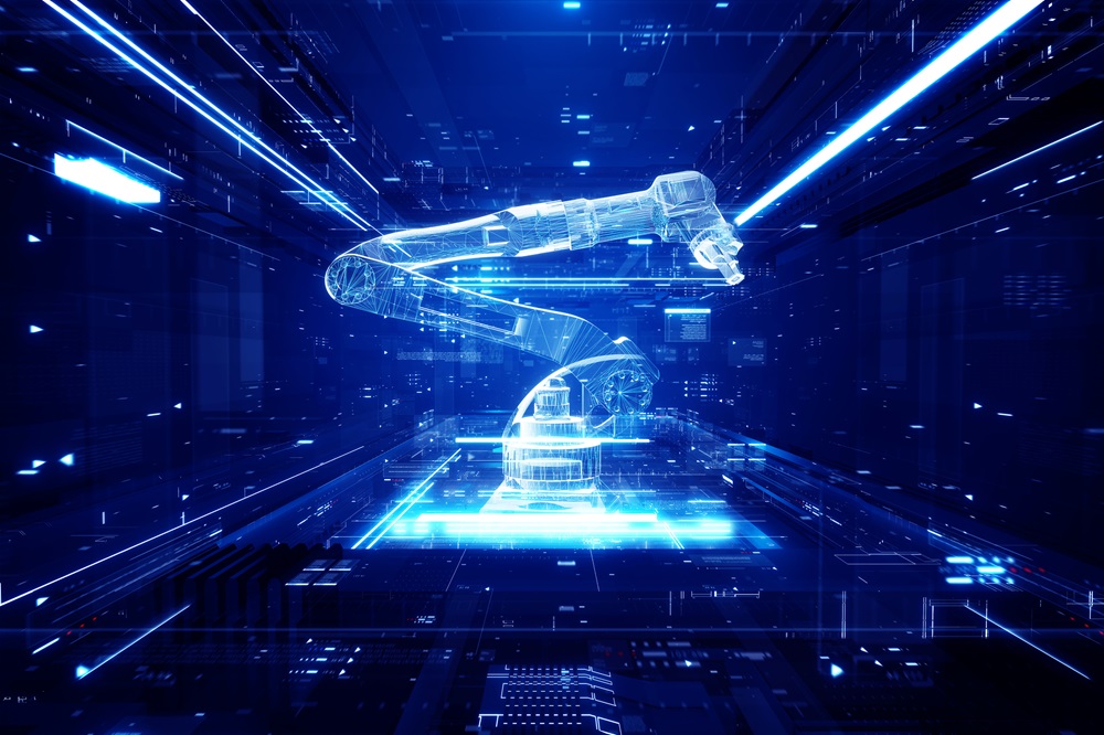 Digital generated image of blue glowing digital robotic arm insidevirtual reality space.