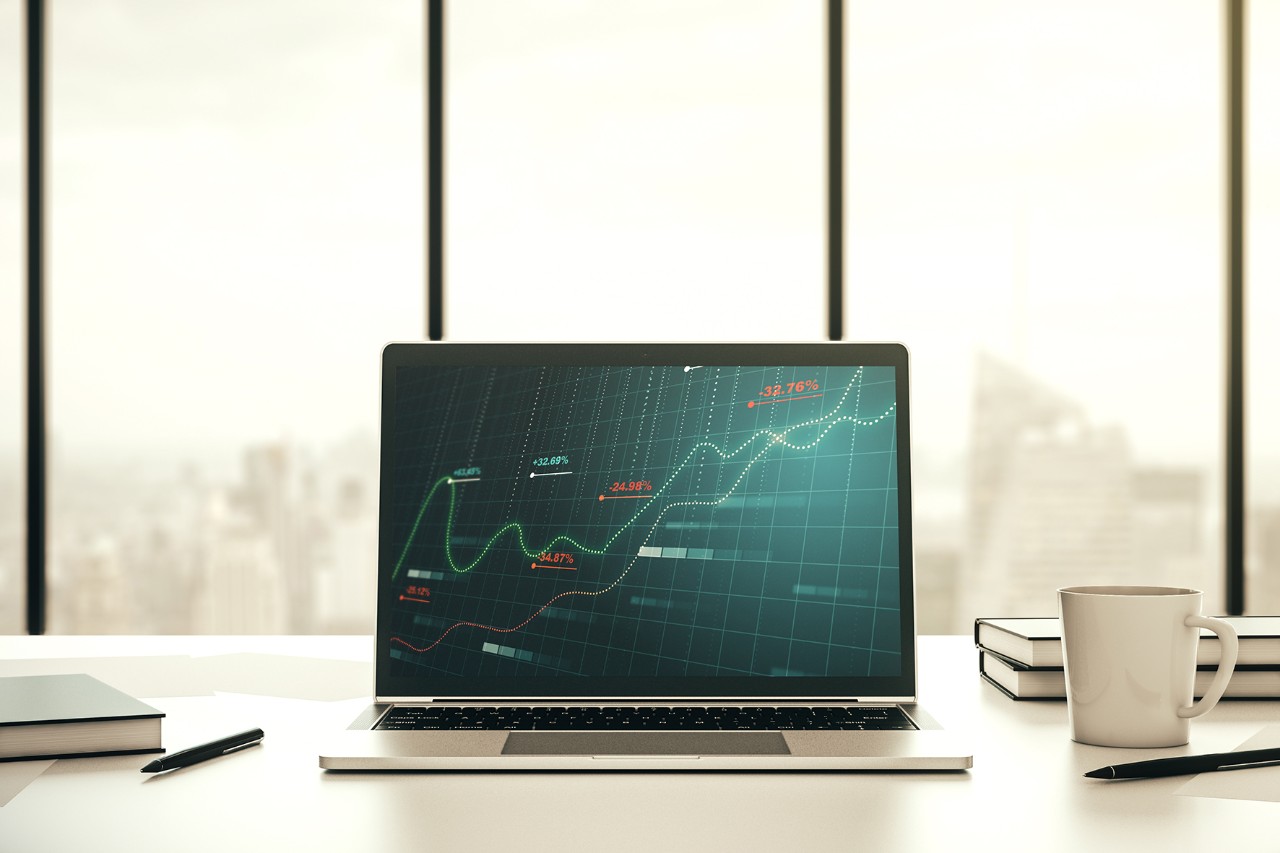 Stats data illustration on modern laptop monitor